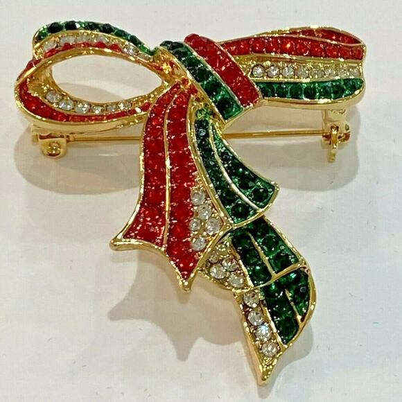 NWOT Christmas Brooch Pendant Gold Tone & Multi Color Rhinestones Festive Bow - Picture 1 of 7